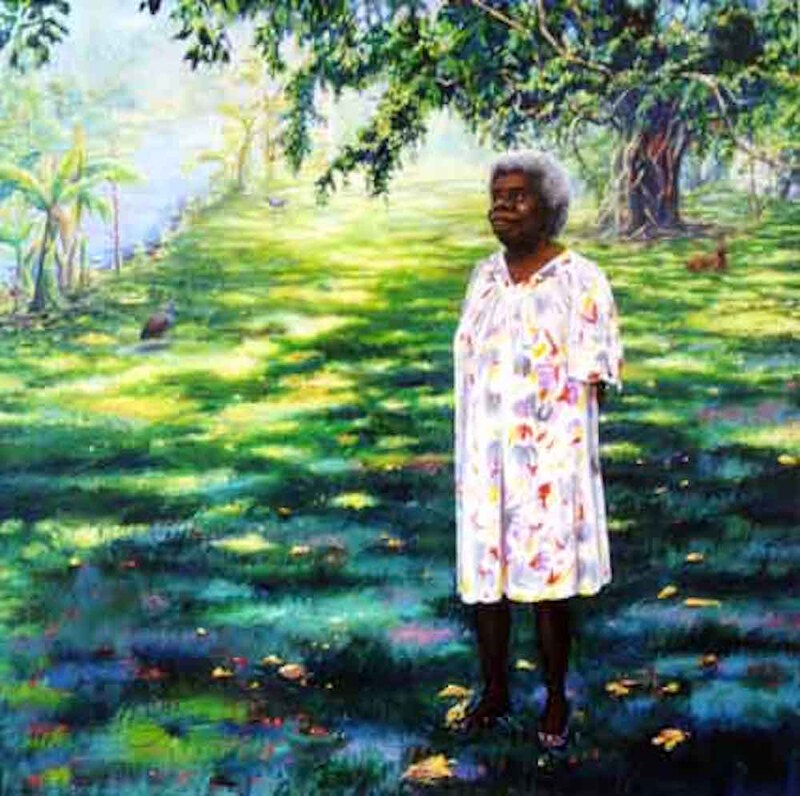 This 60th birthday portrait of Annie Wonga was painted in 2000, before she received the Cassowary Award in 2006. It is set on her property beside Babinda Creek, close to the small township of Babinda, North Queensland, which is about 65 kms south of Cairns. Annie’s traditional name is Murrai, which means unconditional love of dogs. She is a descendant of the Madjanydji People who were custodians of the Lower Russell River and Woolanmarroo South to North Bramston Beach.