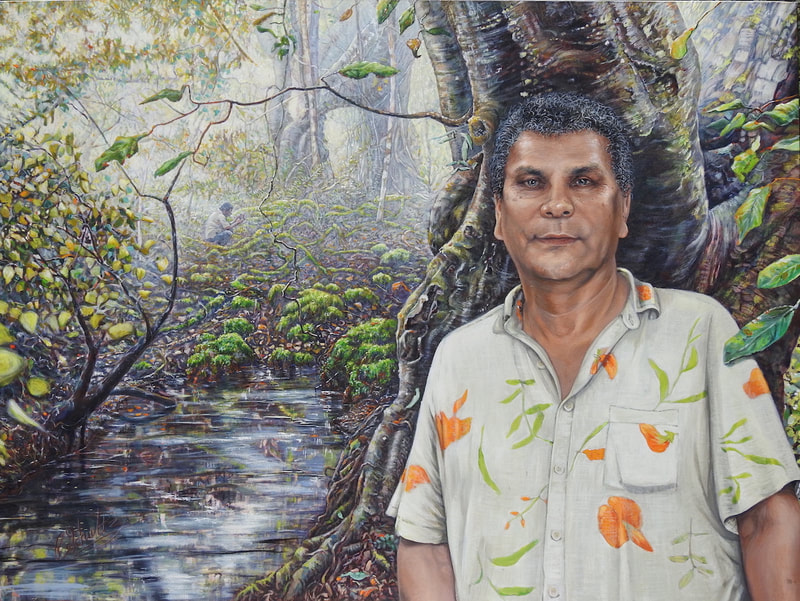FIRST PRIZE PAINTING in Artist's of the North, Cairns 2019. Gerry Turpin is a Mbabaram man from north Qld and a renowned Ethnobotanist. Gerry has been employed by the Queensland State Government for about 30 years and has previously been involved in the Queensland Herbarium’s Vegetation Surveys and Regional Ecosystem Mapping Project in Queensland. I wanted to attract attention and promote the value of people working in the environmental field and is part of a series of 'conservation ecologists.' 