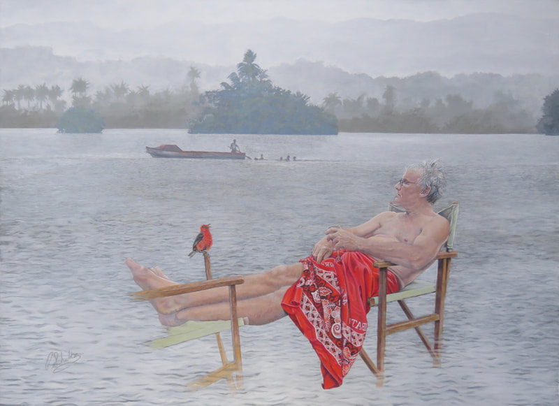 Dr Ray Pierce works in the Wet Tropics, Australia as well as in the Pacific. This painting portrays his relaxed demeanour. As an ornithologist, Ray has travelled the world and is an expert in conservation biology. The bird, Cardinal Myzomela and Ray are vitally important (Two Cardinals) to Lake Tegano on Rennell Island because it is a World Heritage Area. The puffed-up feathers of the bird indicate alarm for the state of the environment. Ray is the researcher who monitors the health of both the bird and its habitat. 