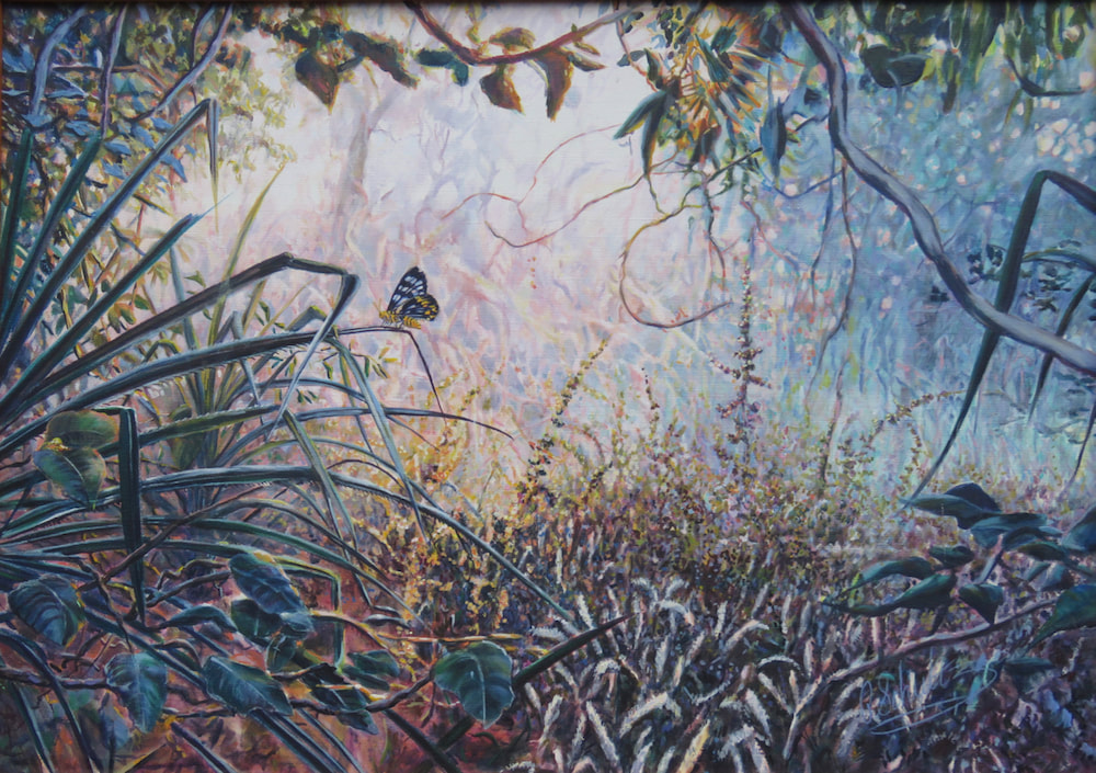 Whilst in the Northern Territory on an extended painting trip, the savannah landscape with its grasses, pandanas trees and insects were ablaze with bright colour in the “morning glow” of the first light. The buzzing insects and the steamy conditions played amongst the foliage creating movement and colour change. 